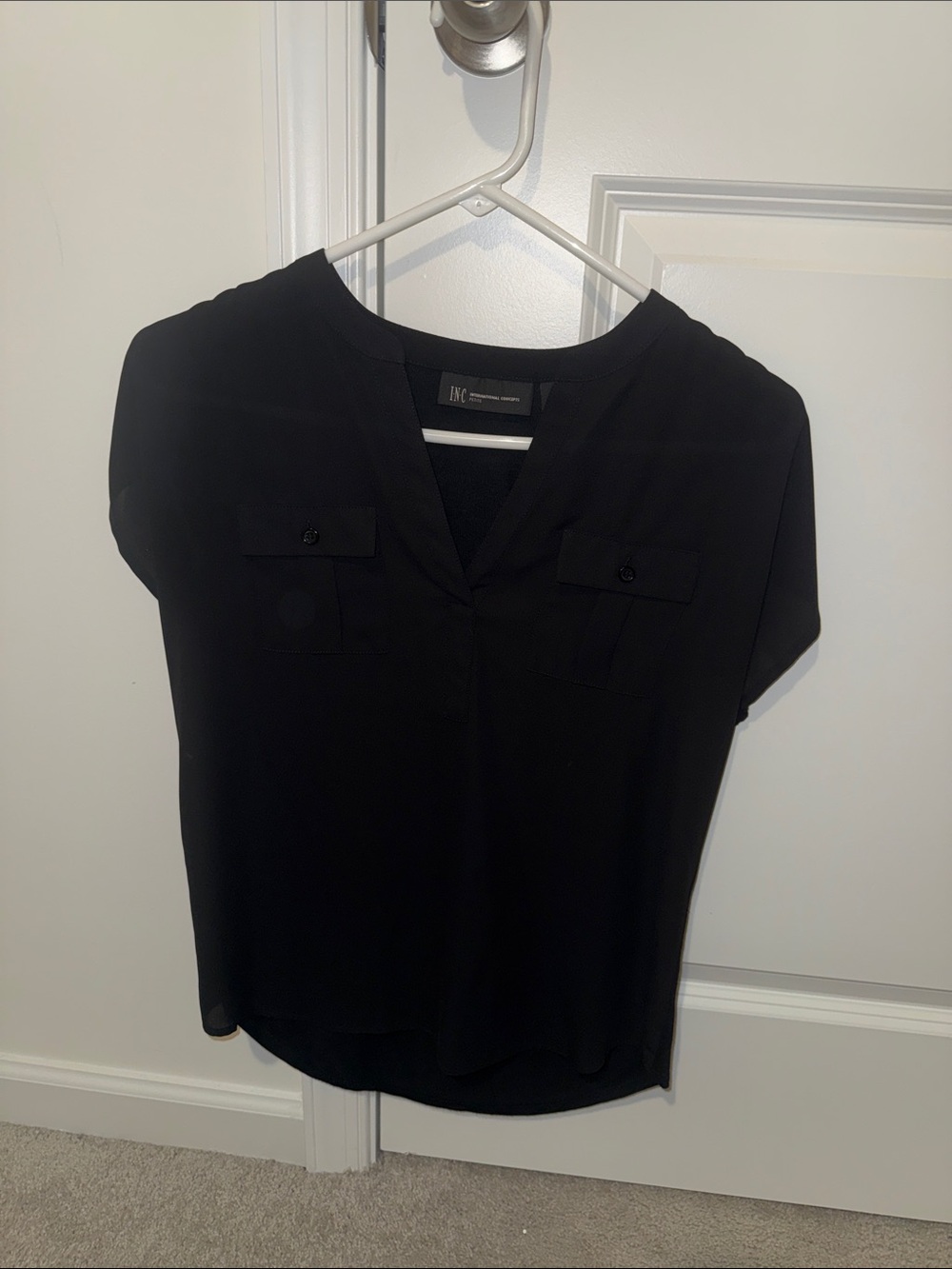 Black Short-Sleeve V-Neck Blouse with Chest Pockets
